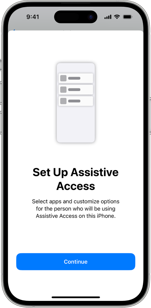 iPhone tālrunis, kurā redzams Assistive Access iestatīšanas ekrāns ar pogu Continue apakšā.