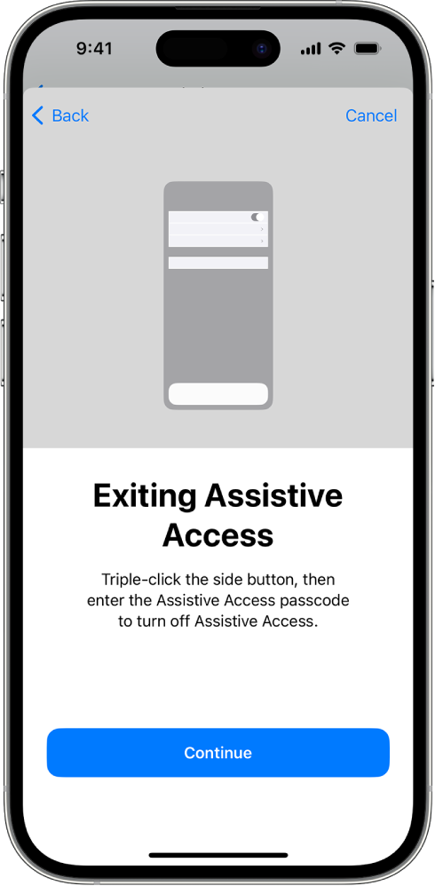 iPhone tālrunis ar ekrānu, kurā paskaidrots, kā izslēgt Assistive Access.