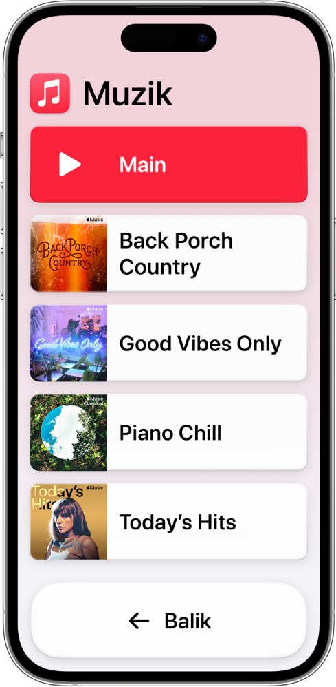 iPhone dalam Akses Bantu dengan app Muzik dibuka. Butang Main di bahagian atas skrin dan butang Balik di bahagian bawah. Senarai yang terdiri daripada senarai main mengisi bahagian tengah skrin.