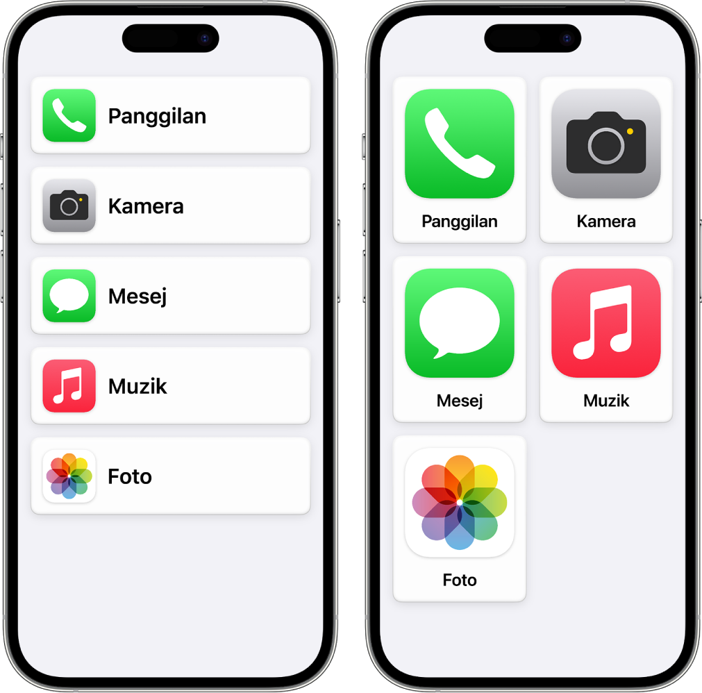Dua iPhone dalam Akses Bantu. Satu menunjukkan Skrin Utama dengan app disenaraikan dalam baris. Satu lagi menunjukkan app lebih besar yang disusun dalam grid.