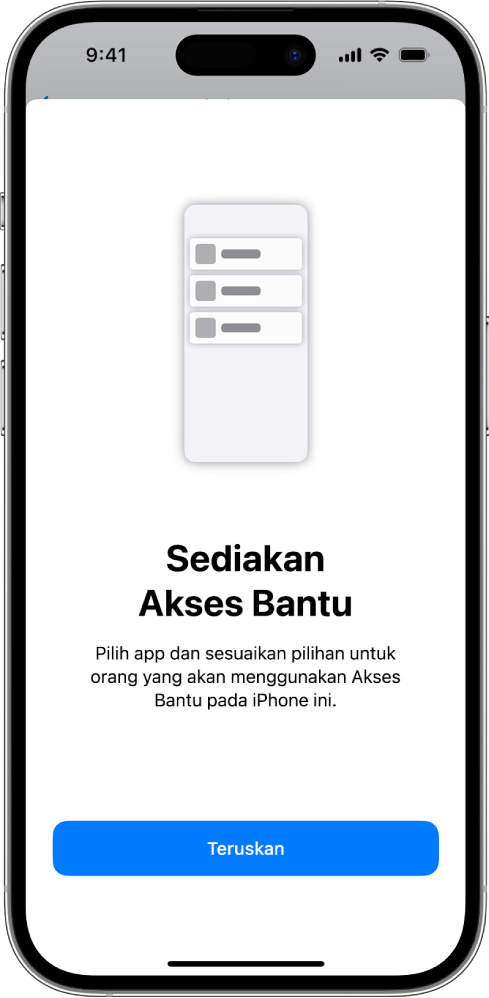 iPhone menunjukkan skrin persediaan Akses Bantu dengan butang Teruskan di bahagian bawah.