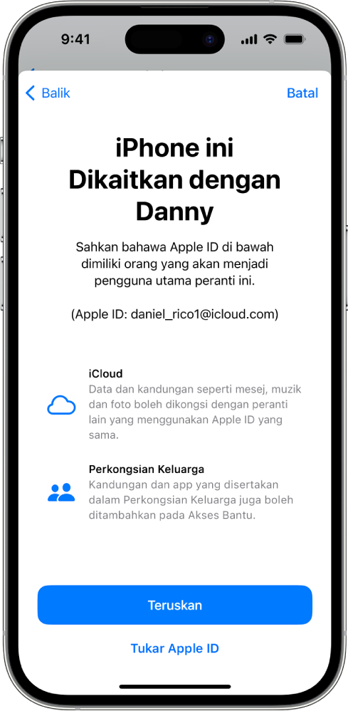 iPhone menunjukkan Apple ID yang dikaitkan dengan peranti dan maklumat tentang iCloud dan ciri Perkongsian Keluarga yang boleh digunakan dengan Akses Bantu.