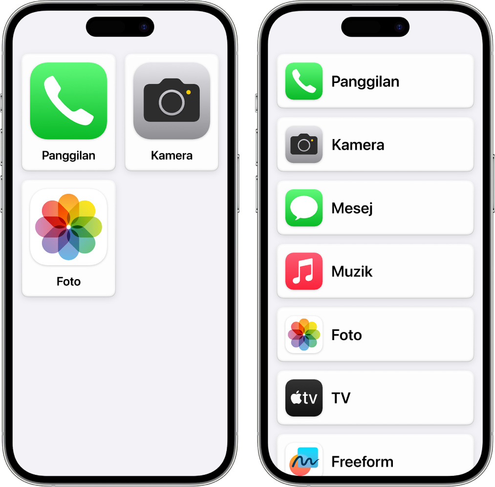 Dua iPhone menunjukkan Skrin Utama Akses Bantu. Satu iPhone menunjukkan grid besar dengan hanya beberapa app. Satu lagi menunjukkan banyak app dalam senarai.