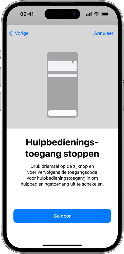 Een iPhone met een scherm waarop wordt uitgelegd hoe je hulpbedieningstoegang stopt.