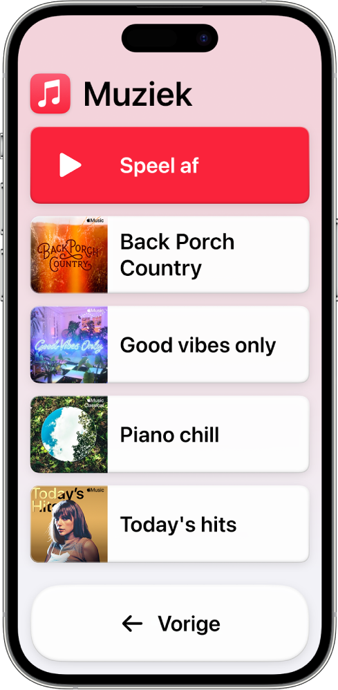 Een iPhone met hulpbedieningstoegang, waarop de Muziek-app is geopend. Boven in het scherm zie je de knop 'Speel af' en onder in het scherm staat de knop 'Vorige'. In het midden van het scherm staat een lijst met afspeellijsten.