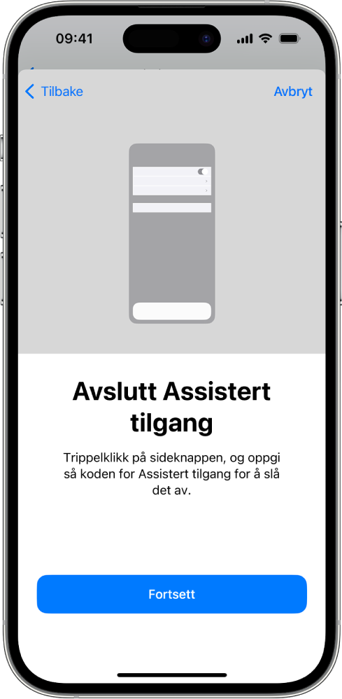 En iPhone med en skjerm som forklarer hvordan du avslutter Assistert tilgang.