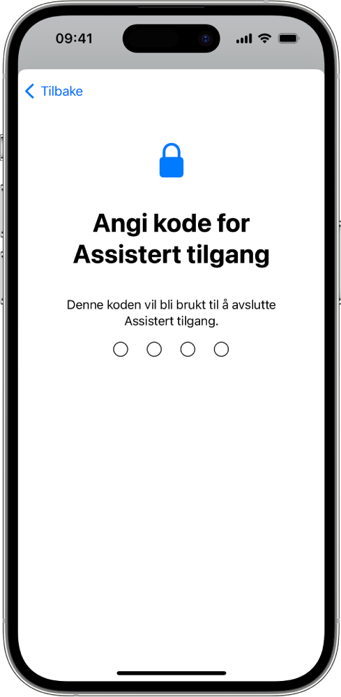 En iPhone som viser skjermen for å angi koden for Assistert tilgang som skal brukes når man går inn og ut av Assistert tilgang.