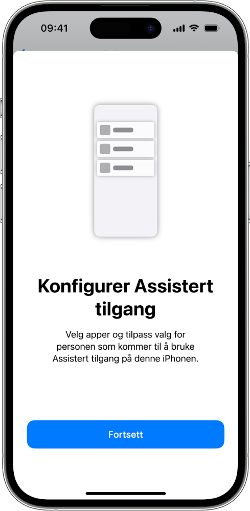 En iPhone som viser konfigurasjonsskjermen for Assistert tilgang med Fortsett-knappen nederst.