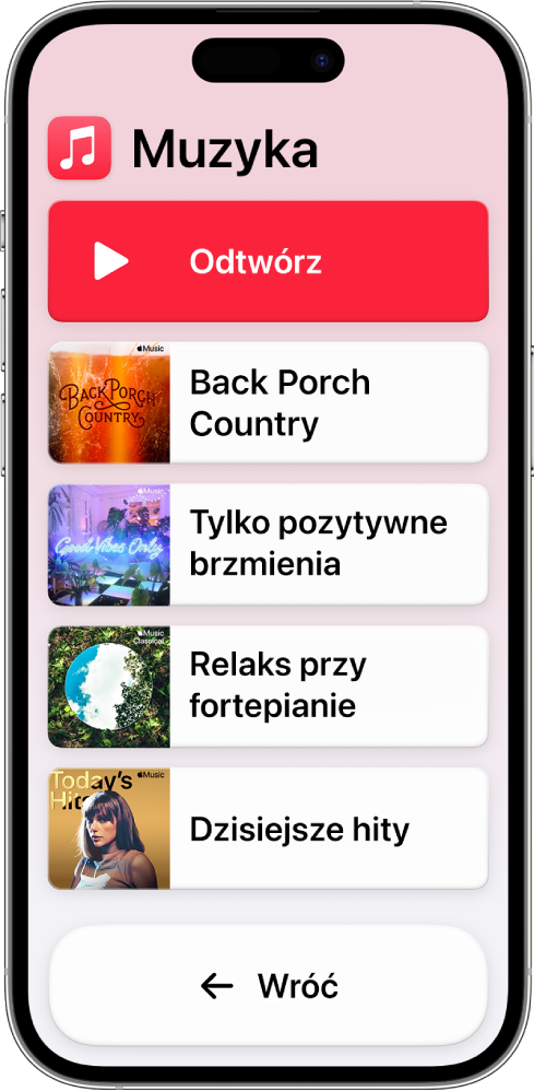 iPhone z trybem Dostęp wspomagany i otwartą aplikacją Muzyka Przycisk Odtwórz znajduje się na górze ekranu, a przycisk Wstecz na dole. Spis playlist jest na środku ekranu.