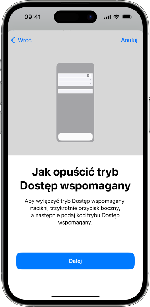 iPhone z ekranem wyjaśniającym sposób opuszczania trybu Dostęp wspomagany.