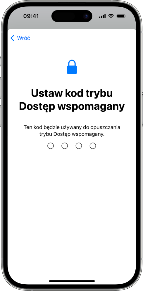 iPhone wyświetlający ekran ustawiania kodu używanego podczas uruchamiania i opuszczania trybu Dostęp wspomagany.