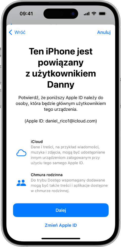 iPhone wyświetlający identyfikator Apple ID powiązany z urządzeniem oraz informacje o usłudze iCloud i funkcjach Chmury rodzinnej, których można używać z trybem Dostęp wspomagany.