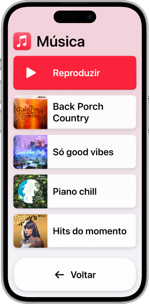 iPhone no Acesso Assistivo com o app Música aberto. O botão Reproduzir está na parte superior da tela e o botão Voltar, na parte inferior. Uma lista de playlists ocupa o meio da tela.