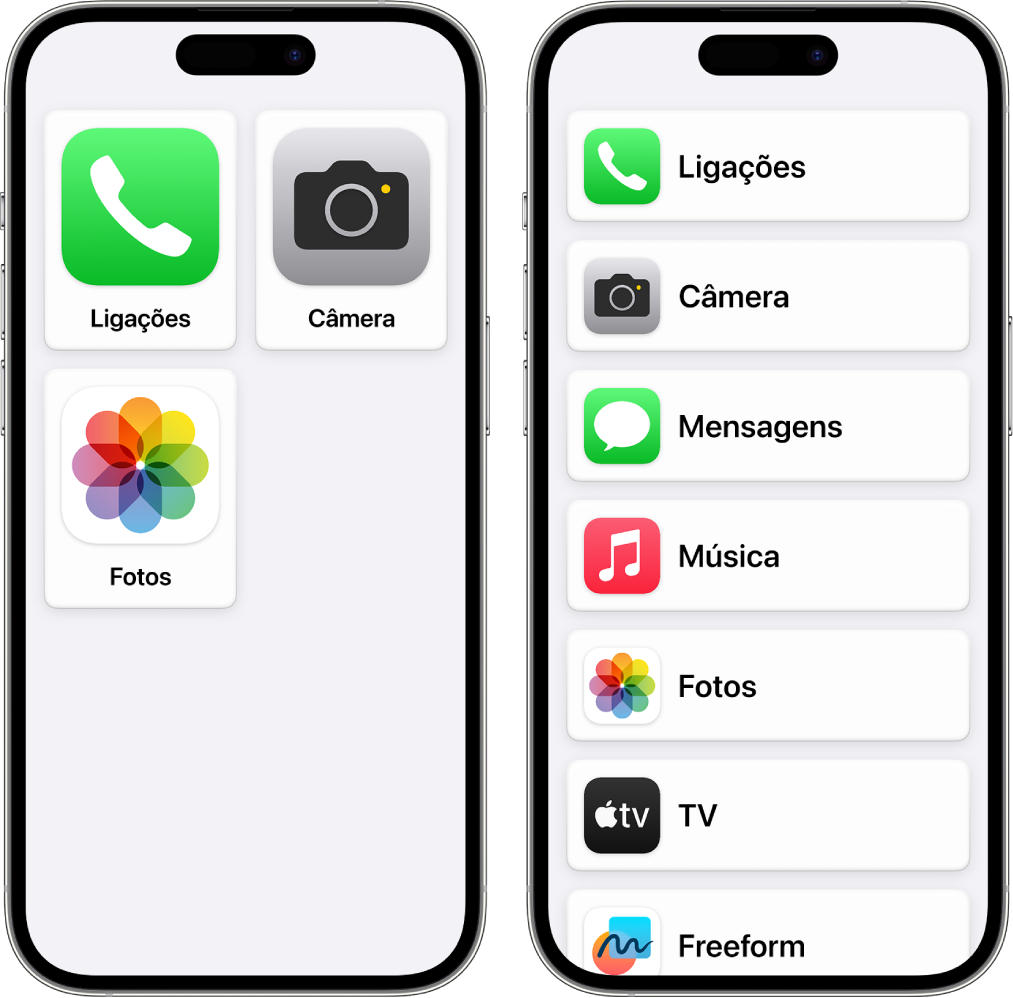 Dois dispositivos iPhone mostrando a Tela de Início do Acesso Assistivo. Um iPhone mostra uma grade ampla com apenas alguns apps. O outro iPhone mostra vários apps em uma lista.