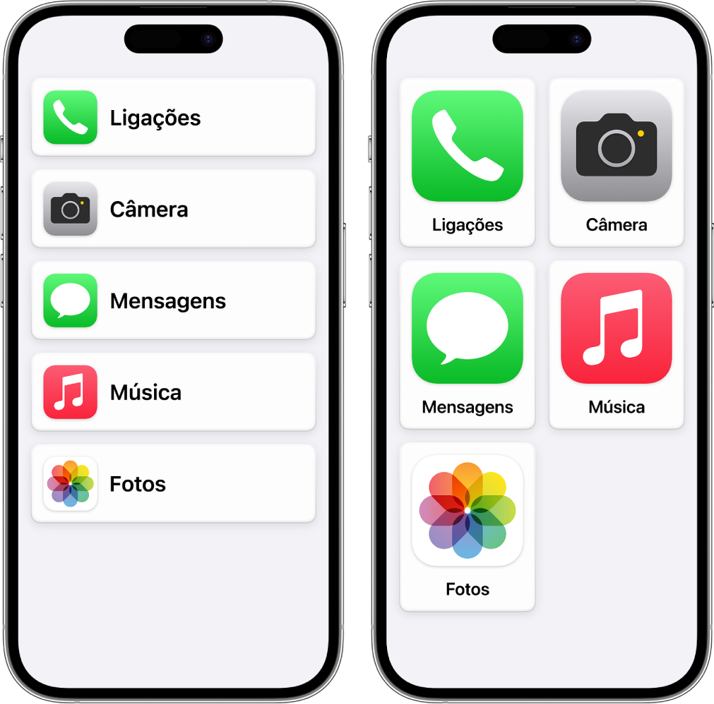 Dois iPhones no Acesso Assistivo. Um mostra a Tela de Início com os apps listados em linhas. O outro mostra ícones maiores de apps organizados em grade.