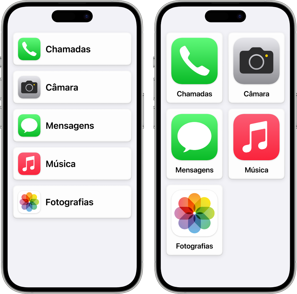 Dois iPhones no Acesso assistido. Um mostra o ecrã principal com as aplicações listadas em linha. O outro mostra aplicações maiores organizadas numa grelha.
