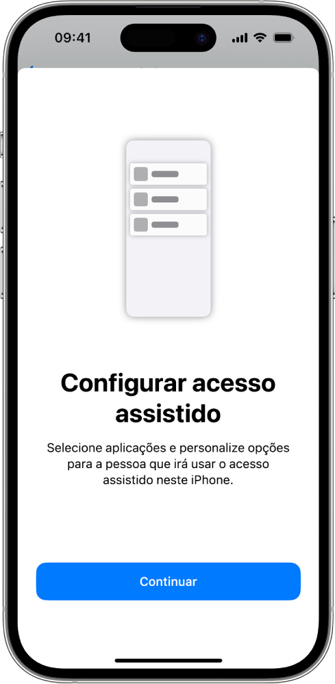 Um iPhone mostra o ecrã de configuração do Acesso assistido com o botão Continuar na parte inferior.