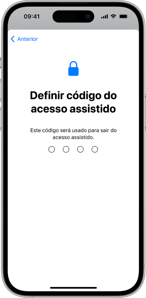 Um iPhone mostra o ecrã para definir o código do Acesso assistido, que é usado ao entrar e ao sair do Acesso assistido.