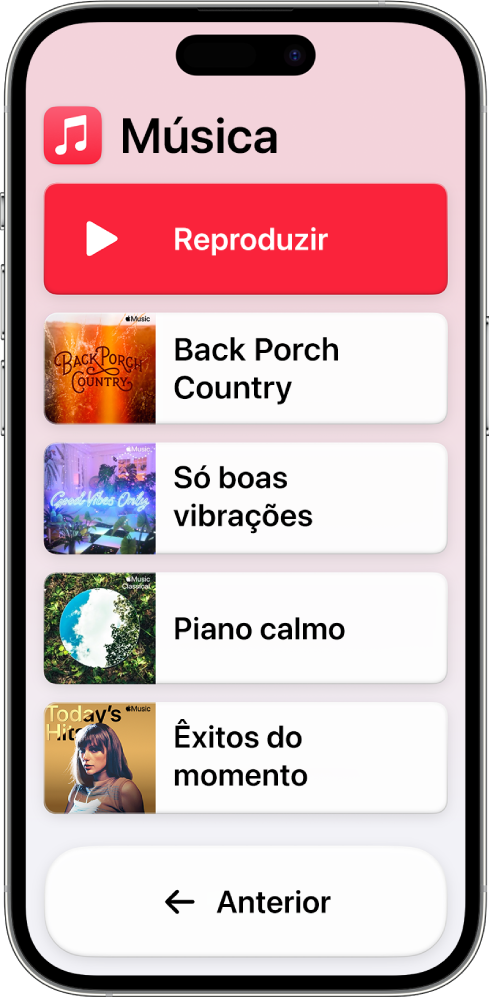 Um iPhone no Acesso assistido com a aplicação Música aberta. O botão Reproduzir está na parte superior do ecrã e o botão Anterior está na parte inferior. Uma lista de listas de reprodução preenche a parte intermédia do ecrã.