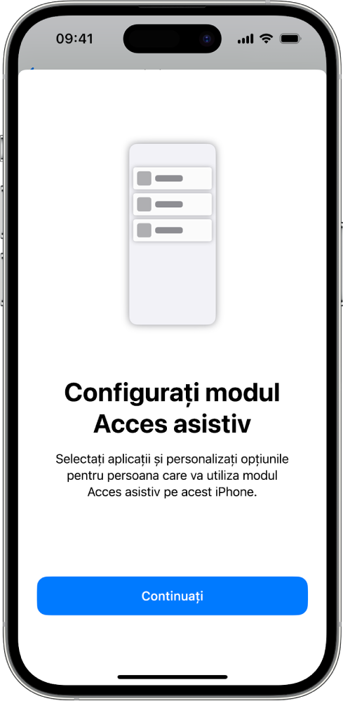 Un iPhone afișând ecranul de configurare a modului Acces asistiv, cu butonul Continuați în partea de jos.