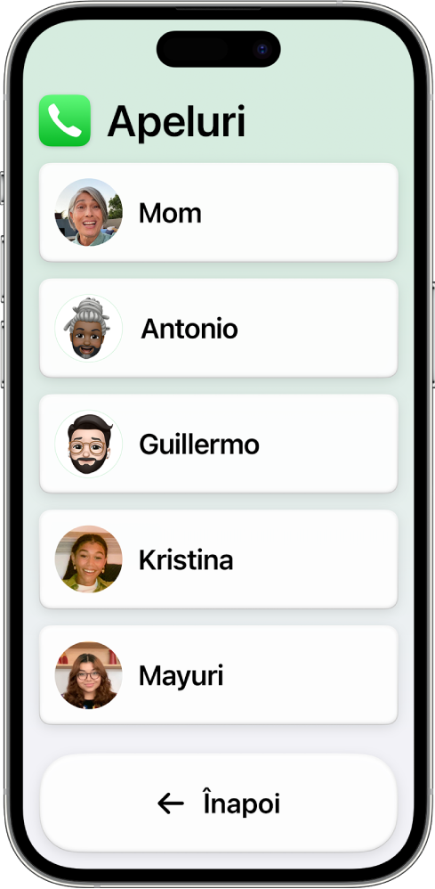 Un iPhone în modul Acces asistiv, cu aplicația Apeluri deschisă, afișând o listă cu poze și nume ale contactelor.
