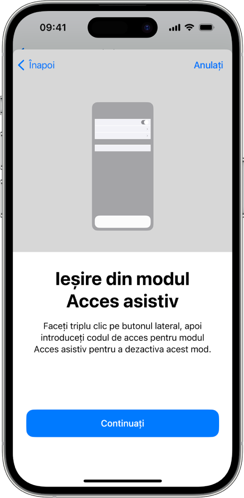 Un iPhone cu un ecran cu explicații despre cum se poate ieși din modul Acces asistiv.