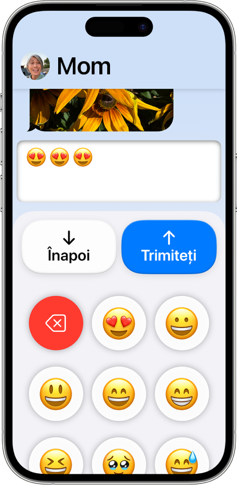 Un iPhone în modul Acces asistiv cu aplicația Mesaje deschisă. Un mesaj este trimis folosindu-se tastatura emoji.