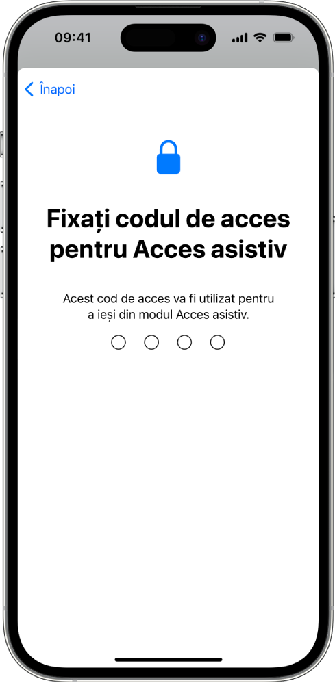Un iPhone afișând ecranul pentru configurarea codului de acces pentru modul Acces asistiv utilizat pentru intrarea și ieșirea din modul Acces asistiv.
