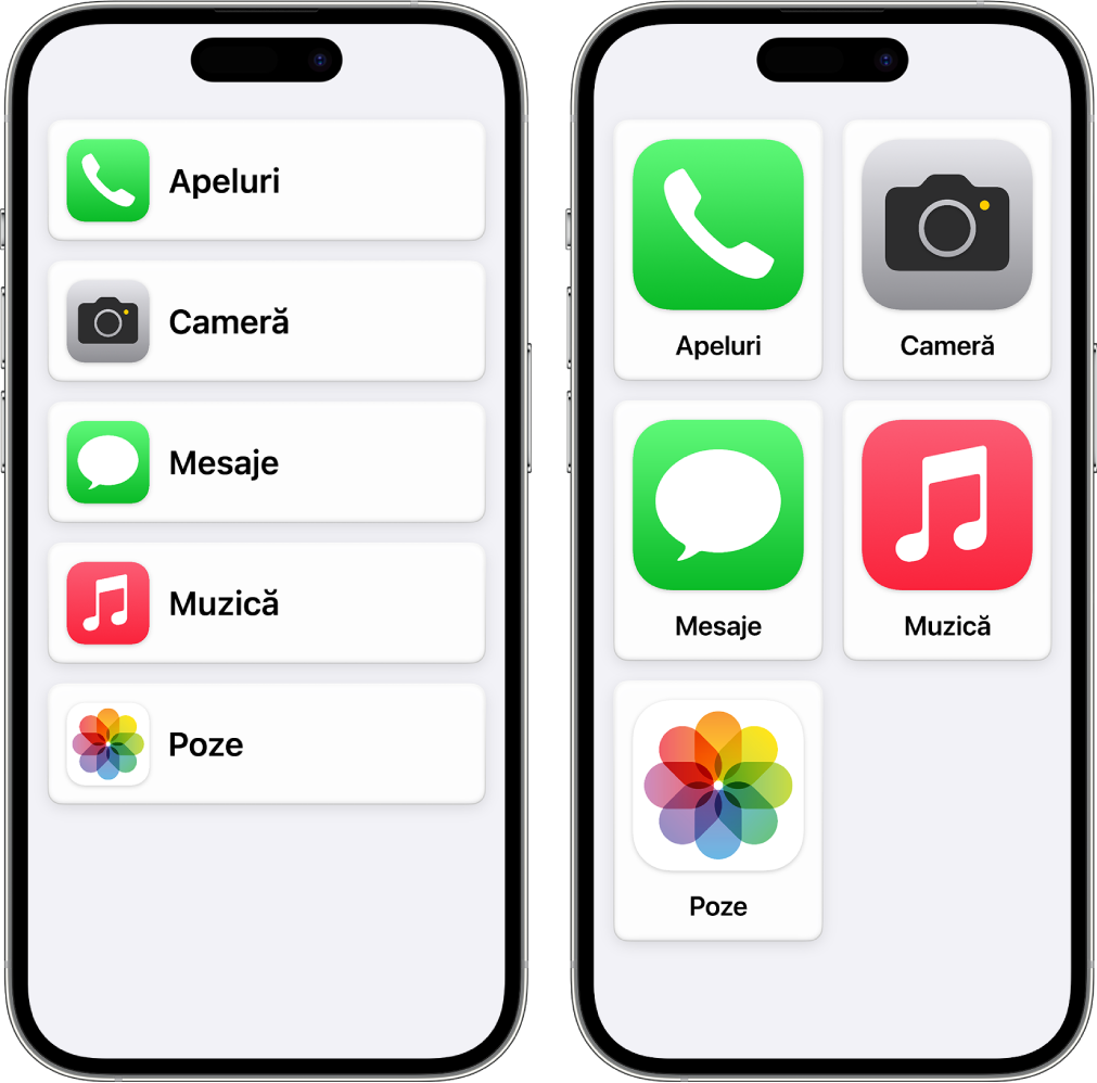 Două dispozitive iPhone în modul Acces asistiv. Unul afișează ecranul principal cu aplicațiile listate în rând. Celălalt afișează aplicațiile mai mari aranjate într-o grilă.