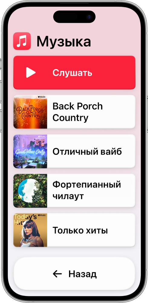 На iPhone в Упрощенном доступе открыто приложение «Музыка». В верхней части экрана отображается кнопка воспроизведения, а в нижней — кнопка «Назад». В центре экрана показан список плейлистов.