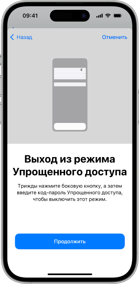 На экране iPhone показана инструкция для выхода из режима Упрощенного доступа.
