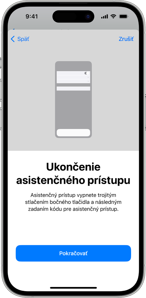 Na iPhone je obrazovka vysvetľujúca postup ukončenia asistenčného prístupu.