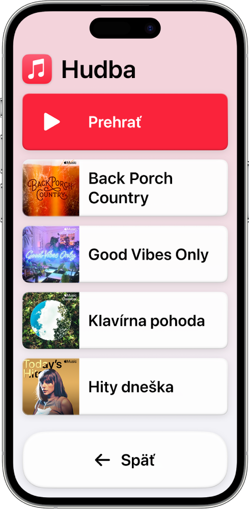 Na iPhone v režime asistenčného prístupu je otvorená apka Hudba. Na vrchu obrazovky je tlačidlo Prehrať a v dolnej časti je tlačidlo Späť. V strede obrazovky je zoznam playlistov.
