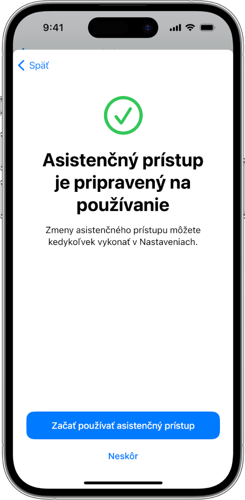 Na iPhone sa zobrazuje informácia, že asistenčný prístup je pripravený na používanie s tlačidlom na spustenie asistenčného prístupu v dolnej časti.