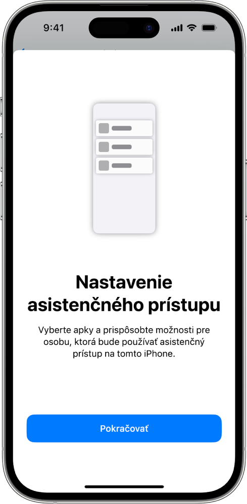 Na iPhone sa zobrazuje obrazovka nastavovania asistenčného prístupu s tlačidlom Pokračovať v spodnej časti.