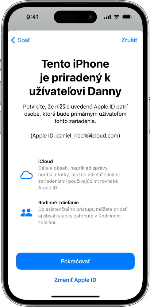 Na iPhone sa zobrazuje Apple ID prepojené so zariadením a informácie o iCloude a rodinnom zdieľaní, ktoré možno používať s asistenčným prístupom.