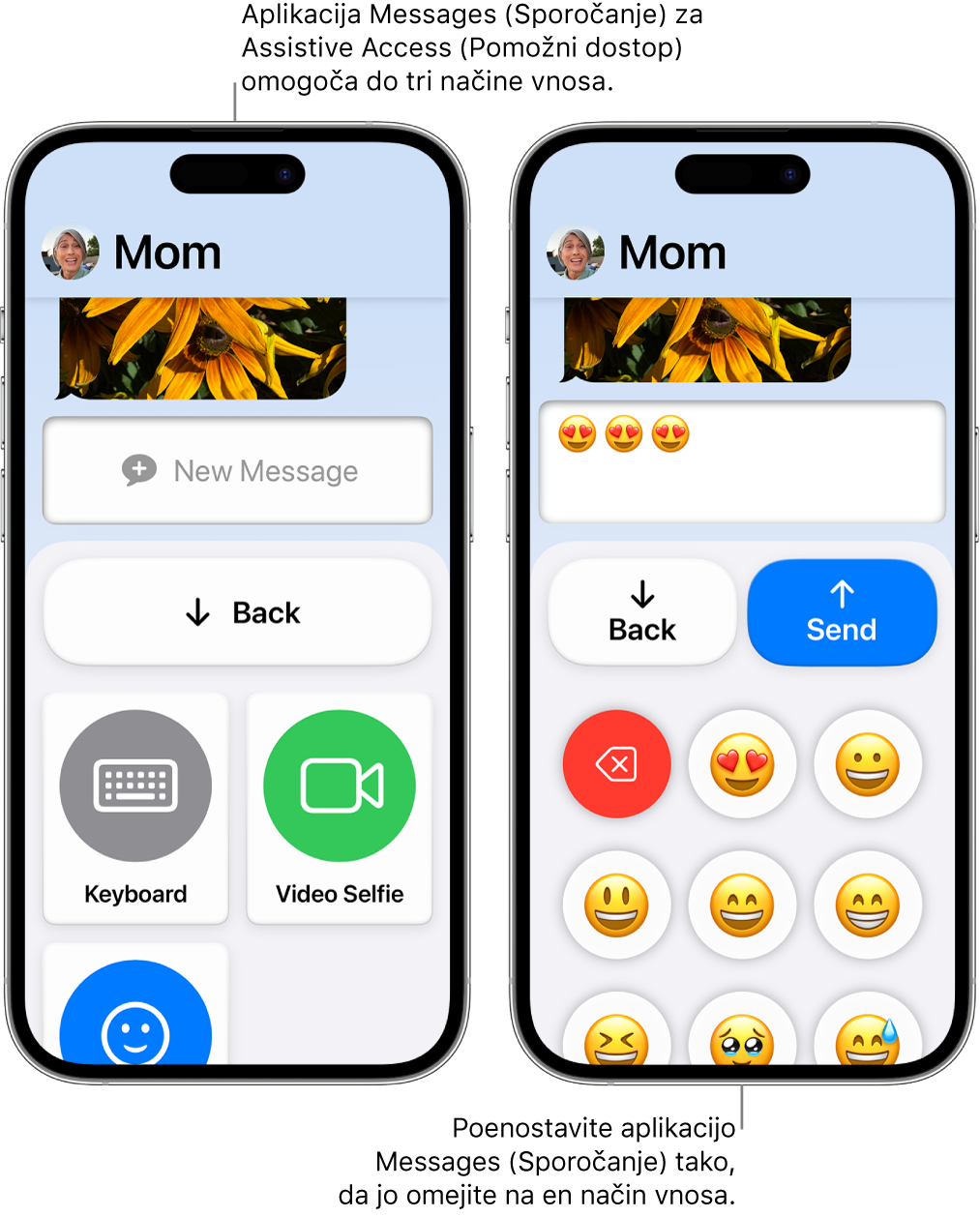 Dva iPhona v funkciji Assistive Access. En iPhone prikazuje aplikacijo Messages z načini vnosa, med katerimi lahko uporabnik izbira, na primer Keyboard ali Video Selfie. Druga prikazuje sporočilo, ki se pošilja s tipkovnico samo za čustvo.