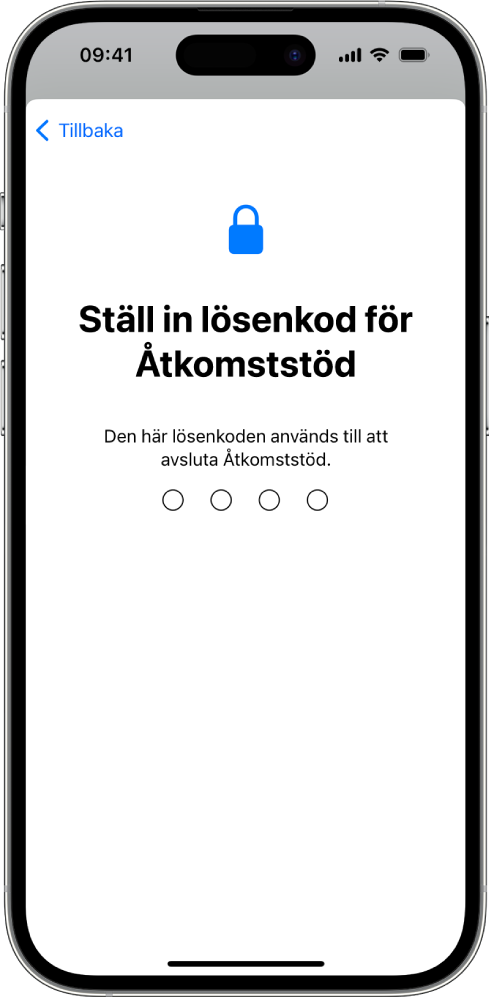 En iPhone visar skärmen för att ställa in lösenkoden för Åtkomststöd som används till att öppna och avsluta Åtkomststöd.
