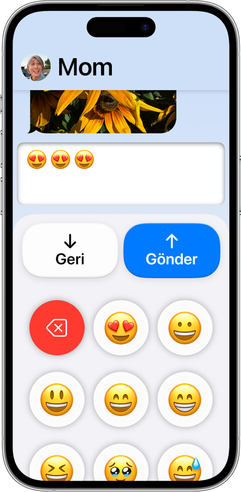 Mesajlar uygulaması açık olarak Yardımcı Erişim’de bir iPhone. Yalnızca emojilerin bulunduğu bir klavye kullanılarak bir mesaj gönderiliyor.