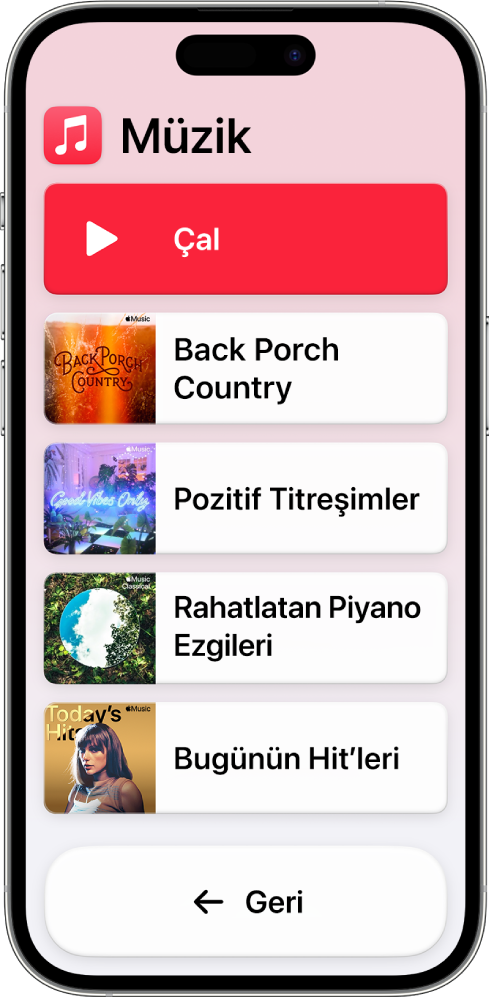 Müzik uygulaması açık olarak Yardımcı Erişim’de bir iPhone. Çal düğmesi ekranın en üstünde, Geri düğmesi ise en altta. Çalma listelerini gösteren bir liste ekranın ortasını dolduruyor.