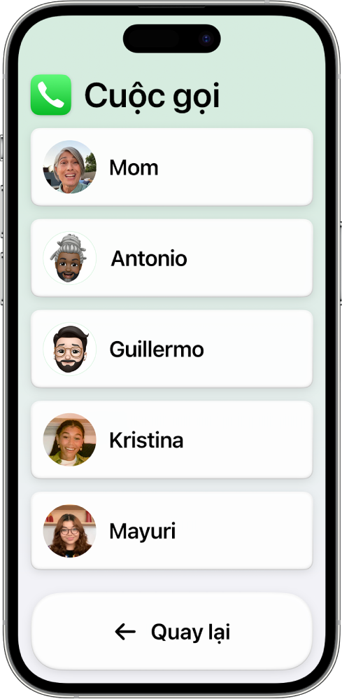 Một iPhone ở chế độ Truy cập được hỗ trợ với ứng dụng Cuộc gọi được mở, đang hiển thị một danh sách ảnh và tên liên hệ.