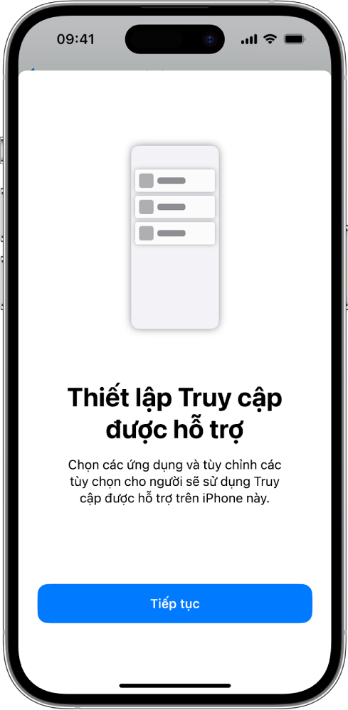 Một iPhone đang hiển thị màn hình thiết lập Truy cập được hỗ trợ với nút Tiếp tục ở dưới cùng.