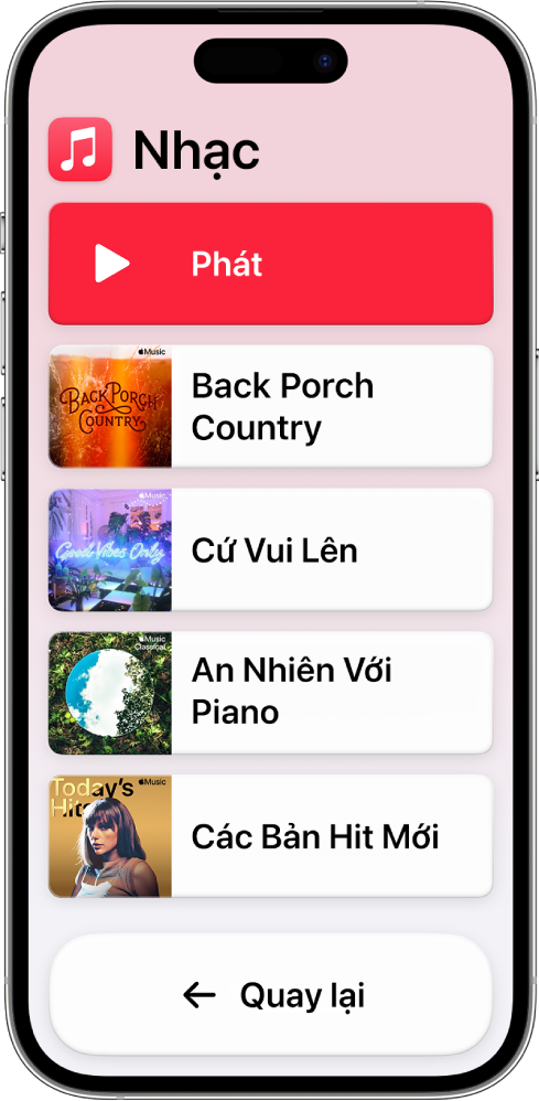 Một iPhone ở chế độ Truy cập được hỗ trợ với ứng dụng Nhạc được mở. Nút Phát ở đầu màn hình và nút Quay lại ở dưới cùng. Một danh sách các playlist lấp đầy phần giữa màn hình.