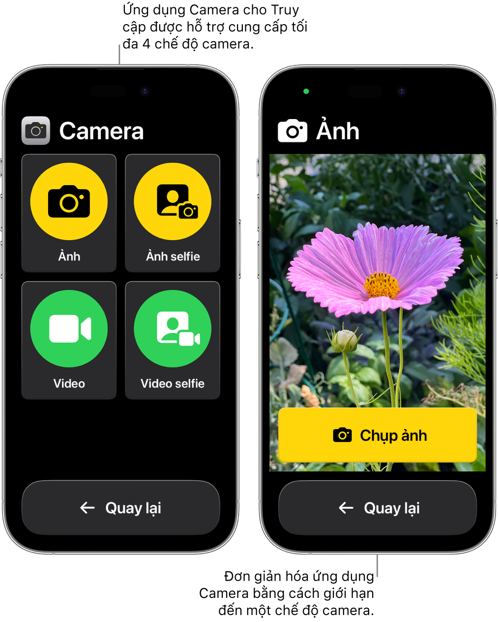 Hai iPhone ở chế độ Truy cập được hỗ trợ. Một iPhone hiển thị ứng dụng Camera với các chế độ camera để người dùng lựa chọn, như Video hoặc Ảnh selfie. iPhone còn lại hiển thị ứng dụng Camera với một chế độ duy nhất để chụp ảnh.
