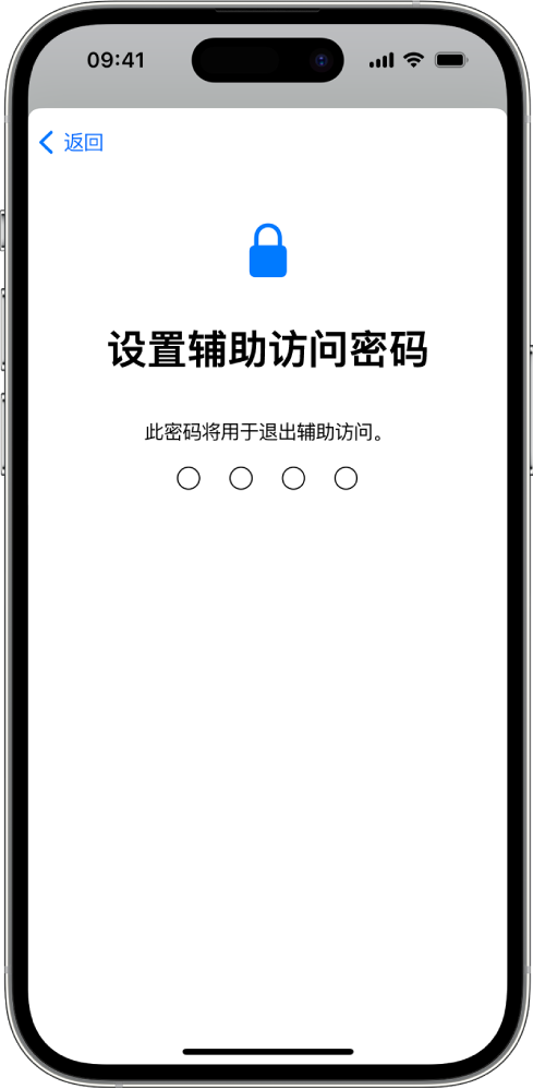 iPhone 显示的屏幕用于设定进入和退出辅助访问时所用的辅助访问密码。