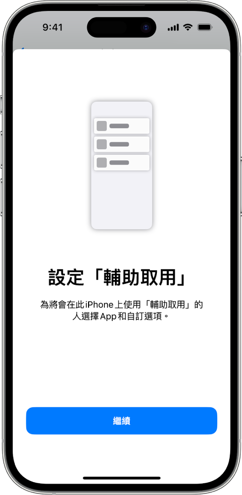 iPhone 顯示「輔助取用」設定畫面，其中底部為「繼續」按鈕。