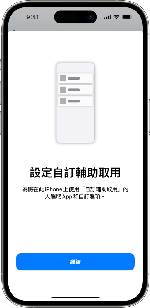 一部 iPhone 顯示「自訂輔助取用」設定畫面，「繼續」按鈕位於底部。