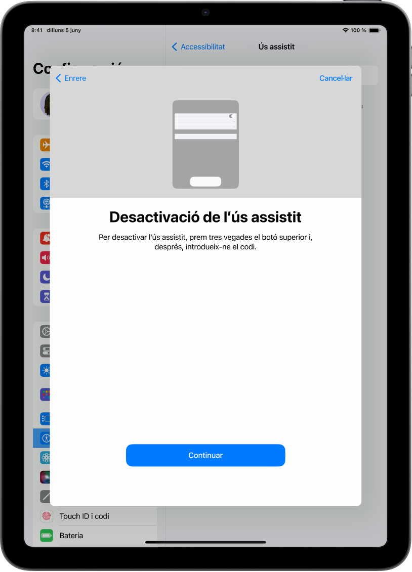 Un iPad amb una pantalla on s’explica com desactivar l’ús assistit.