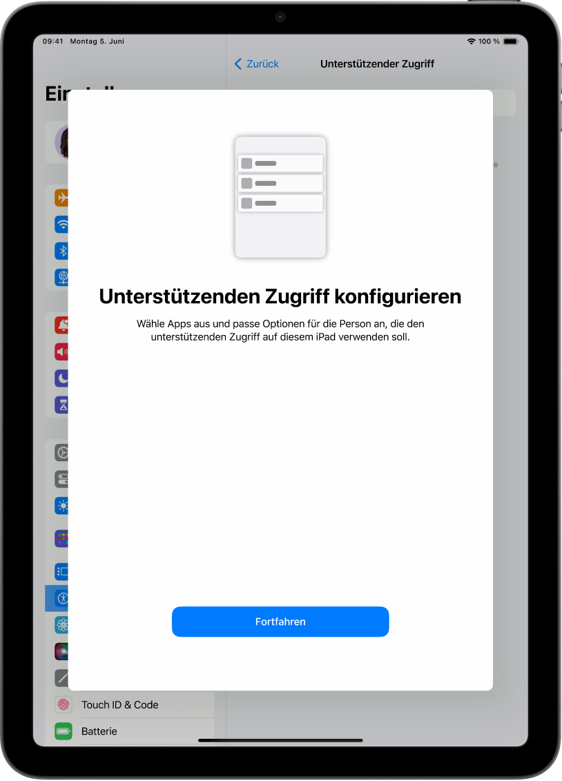 Ein iPad, auf dem der Konfigurationsbildschirm von „Unterstützender Zugriff“ mit der Taste „Fortfahren“ am unteren Bildschirmrand angezeigt wird.