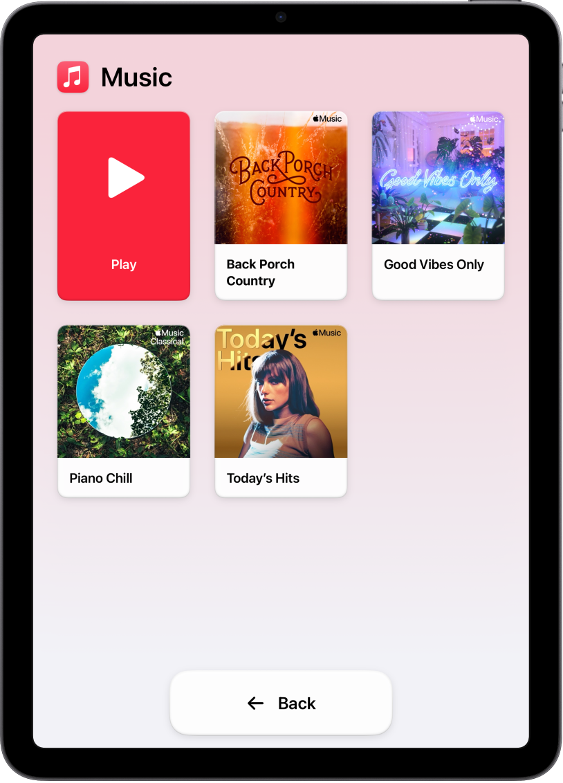 An iPad in Assistive Access with the Music app open. The Play button is in the upper-left corner of the screen and the Back button is at the bottom. A large grid of playlists fills the rest of the screen.